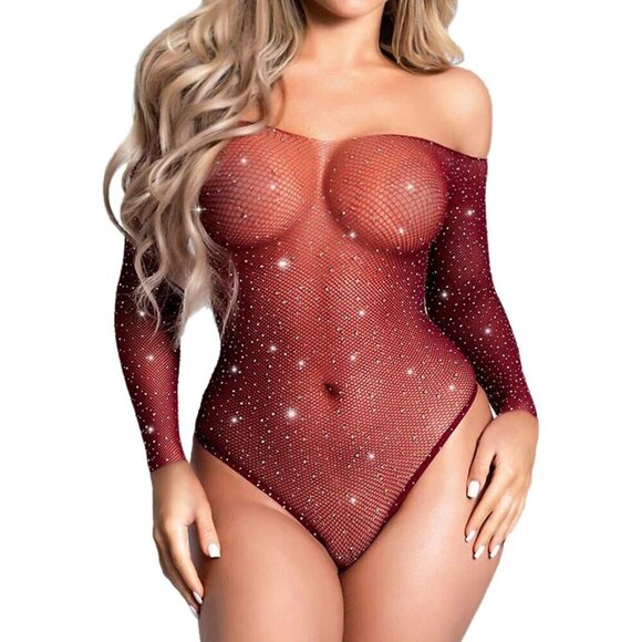 Accessories - Women Wine Red Lingerie Fishnet Teddy Sparkle Rhinestone One Piece Mesh Bodysuit